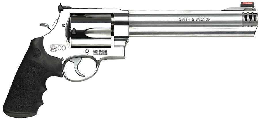 Smith & Wesson 163501 Model 500  500 S&W Mag Caliber with 8.38" Threaded Barrel, 5rd Capacity Cylinder, Overall Satin Finish Stainless Steel, Finger Grooved Black Polymer Grip & HiViz Front Sight