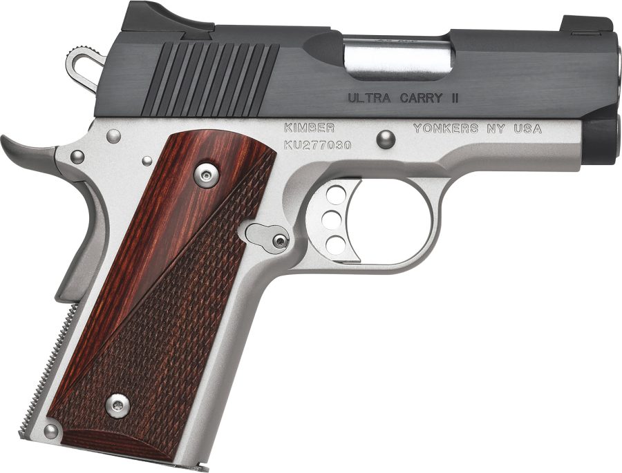 Kimber Mfg.,inc 3200321 Ultra Carry II Two-Tone 45ACP 7+1 3" Matte black Brush-Polished Steel Slide Satin Silver Smooth/Checkered Rosewood Grip