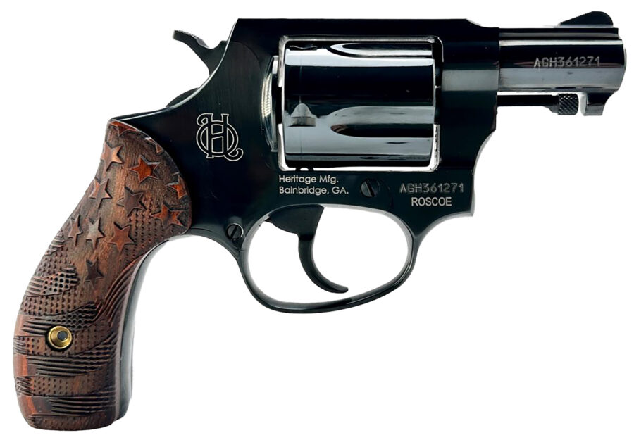 Heritage Mfg HR38B3-US1 Roscoe  Small 38 Special +P 5 Shot 3" Black Polished Alloy Steel Barrel, Cylinder & Frame, Custom Designed Wood Grip w/Stars & Stripes, Transfer Bar Safety, Exposed Hammer