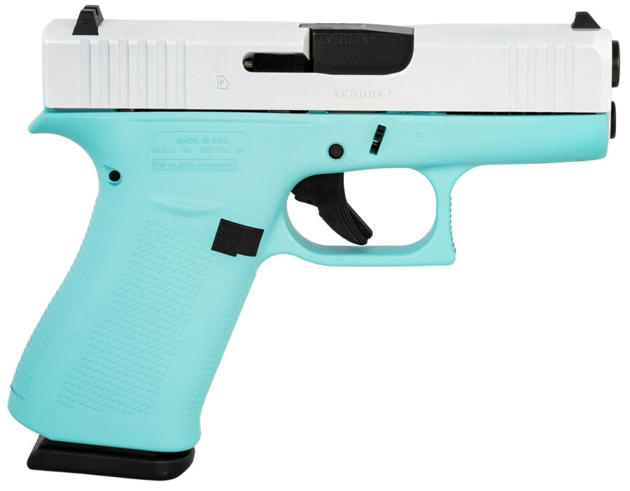 Glock UX4350204REBFPWS G43X  Sub-Compact Frame 9mm Luger 10+1 3.41" Black GMB Barrel, Pearl White Cerakote Serrated Steel Slide, Robin Egg Blue Cerakote Polymer Frame w/Beavertail,  Ambidextrous