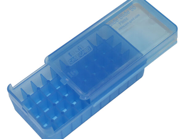 MTM Case-Gard P50SS4524 Side-Slide Ammo Box Pistol Multi-Caliber Handgun Clear Blue Plastic 50rd