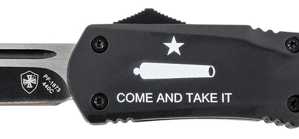 Templar Knife LCATI331 Gen II Come And Take It Large 3.50" OTF Drop Point Plain Black Oxide Stonewashed 440C SS Blade, 5.25" Black "Come And Take It" Aluminum Handle, Glass Breaker