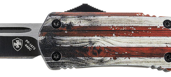 Templar Knife LWUS231 Gen II Wood US Flag Large 3.50" OTF Tanto Plain Black Oxide Stonewashed 440C SS Blade, 5.25" Painted Wood Grain US Flag Aluminum Handle, Glass Breaker