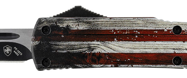 Templar Knife MWUS231 Gen II Wood US Flag Slim 3.43" OTF Tanto Plain Black Oxide Stonewashed 440C SS Blade, 5.05" Painted Wood Grain US Flag Aluminum Handle, Glass Breaker