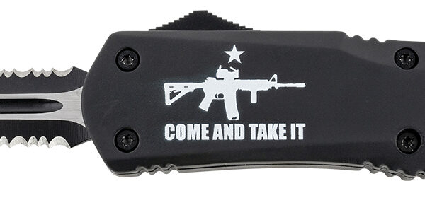 Templar Knife LAR15431 Gen II Come And Take It Large 3.50" OTF Dagger Part Serrated Black Oxide Stonewashed 440C SS Blade, 5.25" Black w/ "Come And Take It" AR-15 Gun Aluminum Handle, Glass Breaker