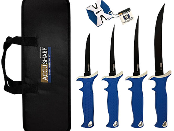 AccuSharp 737C Knife Kit  4.75/5.50/6.50/8" Fixed Fillet Plain Satin Stainless Steel Blade/ Blue Non-Slip Grip TPR Handle Includes 2-Step Sharpener