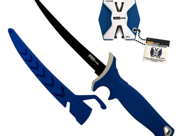 AccuSharp 736C Fillet w/Sharpener  6.50" Fixed Fillet Plain Satin Titanium Coated Stainless Steel Blade/Royal Blue Ergonomic Anti-Slip Rubber Handle Includes 2-Step Sharpener
