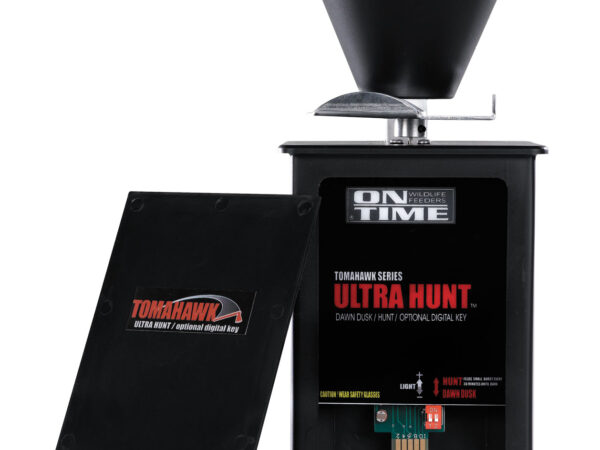 On Time 43005 Tomahawk Ultra Hunt Feeder Black Waterproof High-Impact Composite, Heavy Duty Motor, Dawn-Dusk Mode Operation, 4 Feed Times with 1-20 Second Duration, Universal Mount